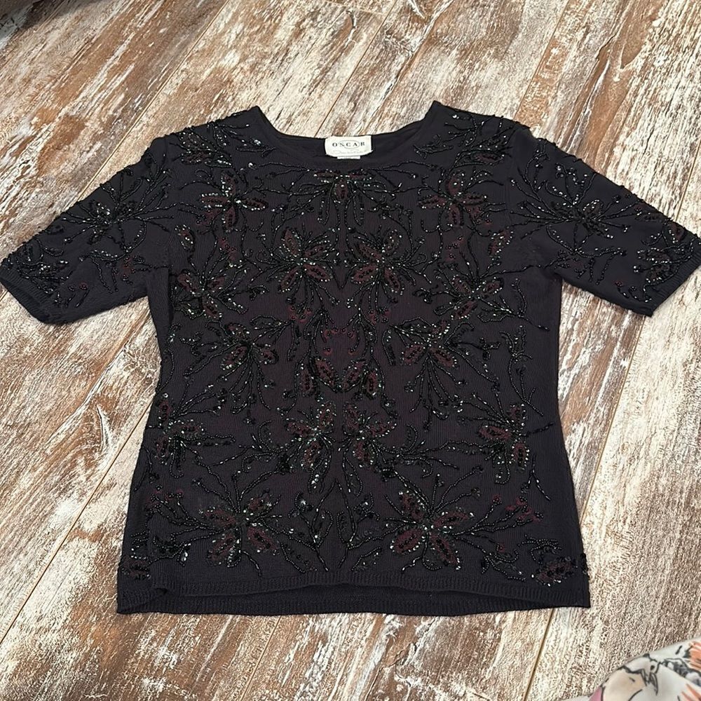 Vintage Oscar De La Renta Womens Size S Petite Beaded Sweater Black Short Sleeve